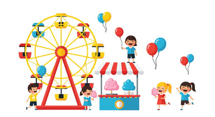 Fototapeta premium Children enjoying a fun day at the amusement park with Ferris wheel and cotton candy.