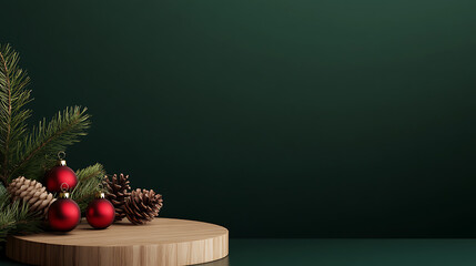 A festive tableau: red ornaments & pine cones on a wooden stand, evergreen boughs, against a dark green backdrop. Perfect for holiday displays or celebratory themes.