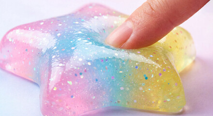 Fototapeta premium Macro view of a pastel gradient star shaped sensory toy with glitter. A finger presses into its soft, jelly like texture, highlighting its squishy, elastic feel and calming tactile appeal.