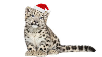 Cute Snow Leopard Cub Wearing Red Santa Hat for Christmas isolated PNG with Transparent Background