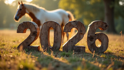 Wooden numbers 2026 with grazing horse in the rustic background. Natural and pastoral concept of farm tourism, equestrian clubs, rural lifestyle branding.