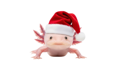 Cute Pink Axolotl Wearing a Red Santa Hat for Christmas Holiday Celebration isolated PNG with Transparent Background