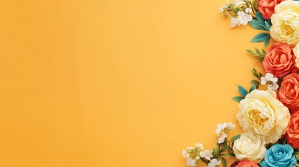 Vibrant assortment of colorful roses blossoming against a bright and cheerful yellow background display.