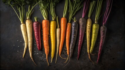 Assorted colorful carrots on dark background