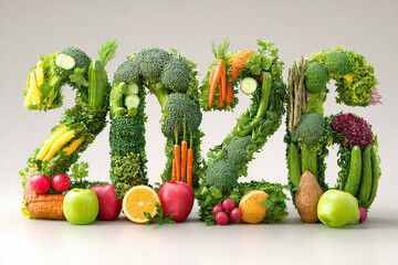 Numbers 2026 made from fruits and vegetables on gray background. concept of healthy food, nutrition, lifestyle.