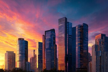 Modern city skyline at sunset, dramatic light, glass skyscrapers, vibrant colors, clean composition, negative space, photorealistic, 8k,