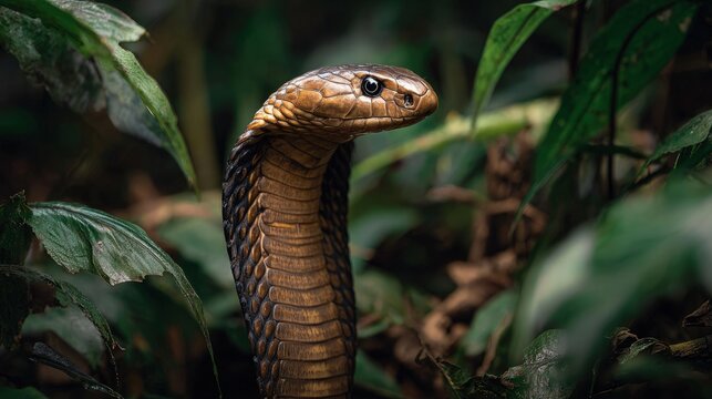 A majestic king cobra standing tall hood flared reptiles exuding power and danger in the dense jungle