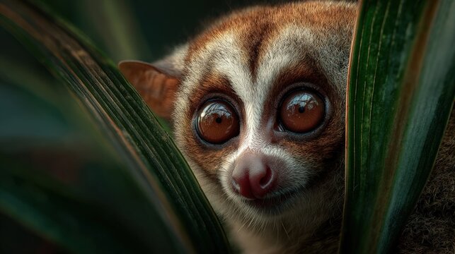 A slender slow loris gazing intently from behind leaves eyes reflecting mystery exotic pet