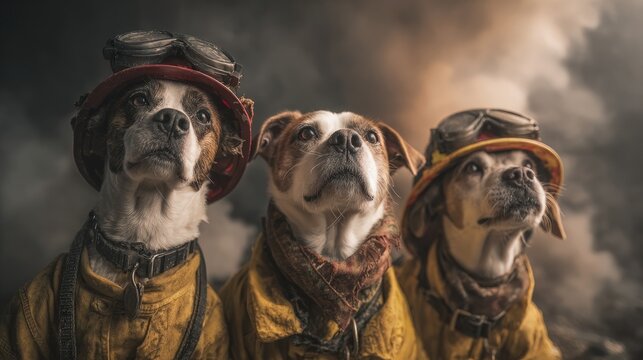 Dogs dressed as firefighters heroic poses smoke in the background cinematic style