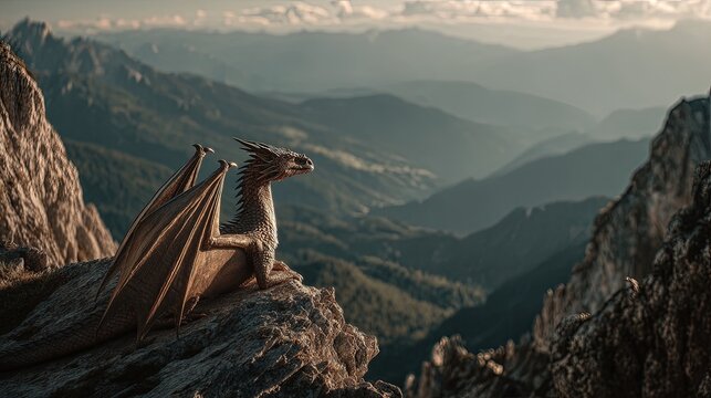 A dragon perched on a mountain peak surveying its domain majestic and regal