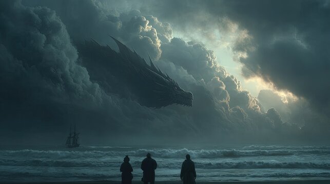 A colossal sea dragon breaching ocean waves stormy skies sailors watching in awe dramatic scale