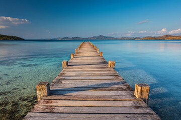 A clean, long wooden pier/jetty stretching over calm, shallow, multi-colored water towards a bright horizon, travel destination, leading lines, vibrant color, cinematic l