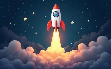 Rocket launching to space with light bulb infographic, business starp up concept. High quality