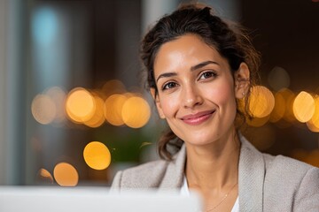 Clean, professional woman smiling confidently during a video call, sharp focus on her face and clean laptop screen, modern home office background (bokeh effect), digital