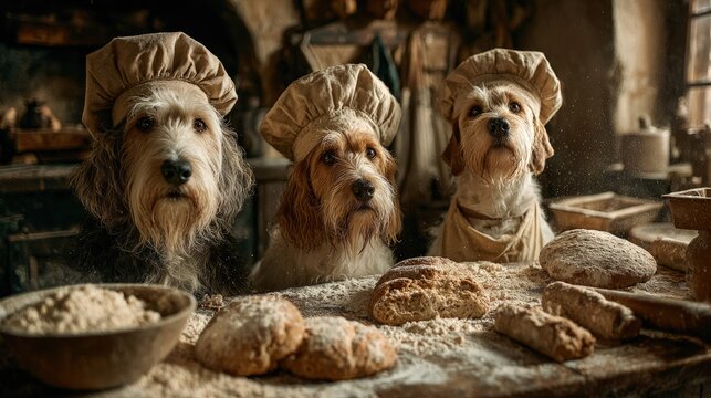 A group of dogs in chef hats baking bread in a rustic kitchen flour everywhere warm golden tones