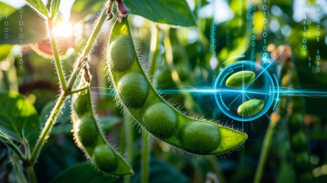 Green soybean pods on plant with digital scanning data interface
 - Powered by Adobe
