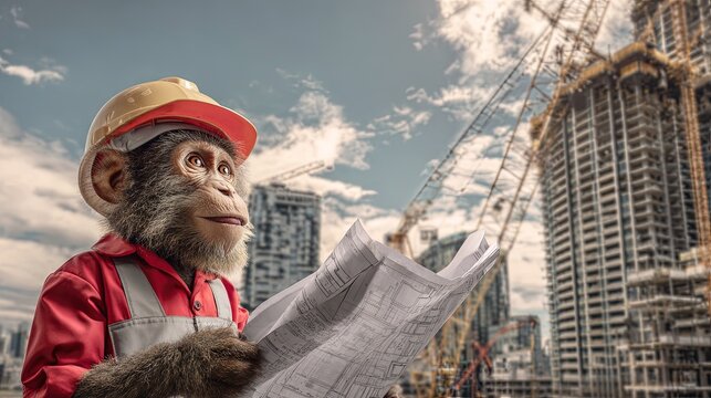 Monkey dressed as a construction worker holding a blueprint hard hat on busy city site