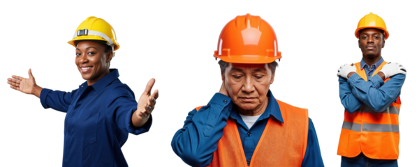 Diverse group of three construction workers: a smiling young African American woman, a tired senior Asian man, and a serious young African American man, isolated on transparent background.