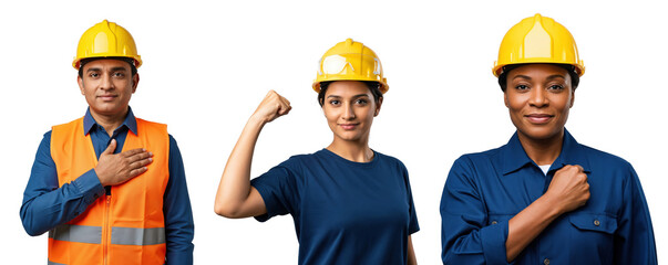 Diverse construction workers: South Asian man, Middle Eastern woman, and African American woman in hard hats, showing pride and strength on transparent background.