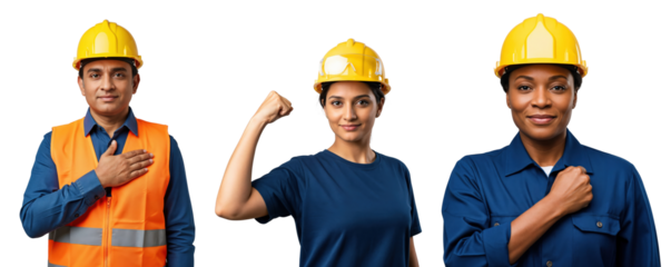 Diverse construction workers: South Asian man, Middle Eastern woman, and African American woman in hard hats, showing pride and strength on transparent background.