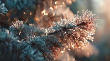 icy pine branches glimmering in morning light,