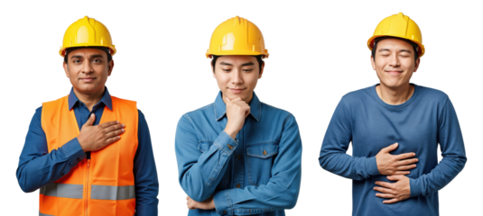 Diverse group of young adult male construction workers wearing yellow hard hats, expressing various emotions and gestures, isolated on a transparent background.
