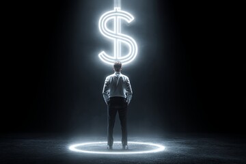 Low-angle shot looking up at a clean, person standing triumphantly with a holographic projection of a dollar sign/currency symbol (focused on security) above their head,