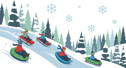 Children enjoying winter fun sledding and tubing down snowy hill winter activities.