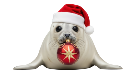 Cute Baby Seal Wearing Santa Hat and Holding Red Christmas Ornament isolated PNG with Transparent Background