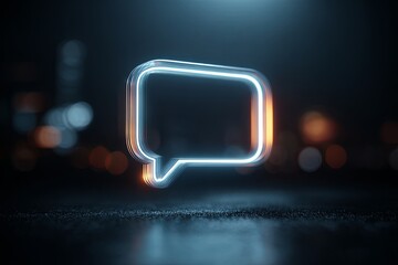 A clean, dramatic, moody shot of a single, illuminated speech bubble icon (focused object) floating digitally over a dark, blurred background, dialogue, message, cinemati