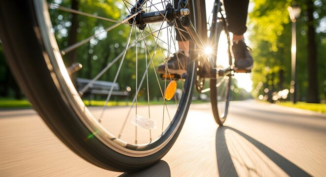 Man riding bicycle on road with sunflare. Cycling activity outdoor during summer day. Healthy lifestyle transportation concept. - Powered by Adobe