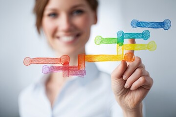 Clean, vibrant, high-key photo of a person smiling while pointing at a simple, self-drawn, colorful flow chart/diagram (focused on the solution), strategy, logic, hyperre