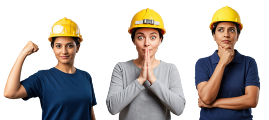 Young Indian woman in a yellow hard hat expressing strength, surprise, and thoughtful contemplation.