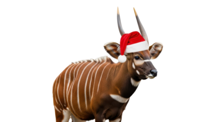Bongo Antelope Wearing Red Santa Hat for Christmas Holiday Celebration isolated PNG with Transparent Background