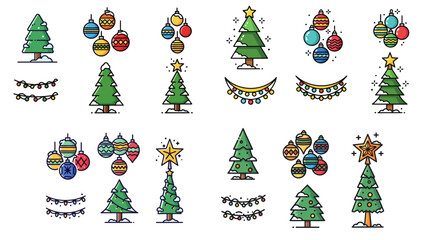 Christmas Tree Element Icon Set &ndash; Pine Tree, Ornaments, Garland, Stand, Star Topper