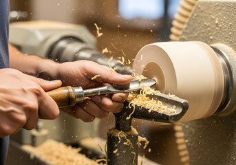 Close-up of craftsman hands turning wood on lathe machine | Detailed shot of wood shavings flying during woodworking | Professional carpenter shaping custom wooden bowl with gouge