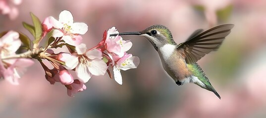 Obraz premium Close-Up of a Beautiful Hummingbird Sipping Nectar in a Vibrant Spring Blossom Wonderland Scene