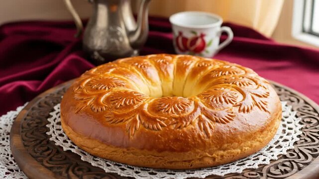 Traditional armenian sweet bread gata with beautiful patterns on a carved wooden board with lace doily. Festive homemade pastry on table.