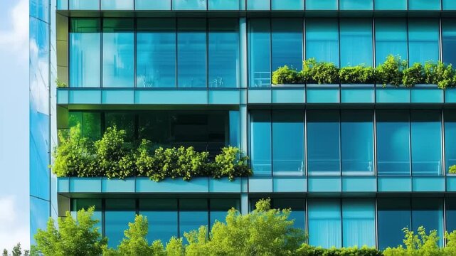 Green Building: A modern glass skyscraper, seamlessly integrating nature with its design. showcasing the innovative harmony of architectural ingenuity and ecological consciousness.
