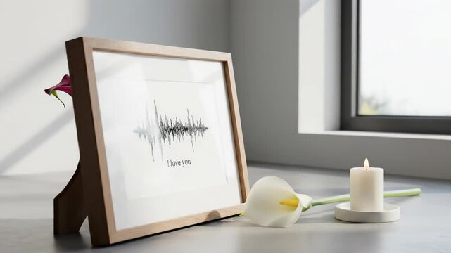 Wooden frame with soundwave art and text standing near window with candle and white calla flower