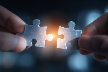 clean hands (focused detail) connecting two interlocking puzzle pieces (focused on the join/fit) with a subtle glowing aura, solution, teamwork, high contrast, hyperreali
