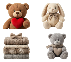 Collection of soft plush toys and cozy knitted items, including teddy bears with hearts, a rabbit with a bow, and a stack of warm sweaters for a charming gift concept
