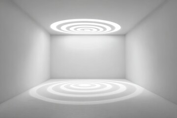 Wide-angle view of a clean, minimalist room with a single, bold, simple glowing abstract shape (e.g., a perfect spiral) floating in the center, simplicity, clarity, high