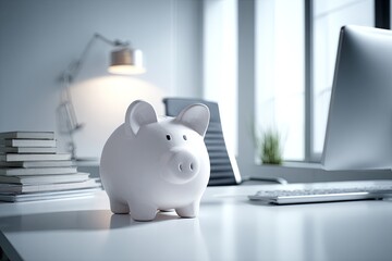 Wide-angle view of a clean, modern home office with a simple, symbolic piggy bank (focused on saving) positioned prominently on the desk, retirement, saving, high key lig