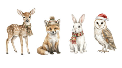 Naklejka premium Four cute woodland animals including a fawn, fox, rabbit, and owl wearing festive winter hats and scarves in a charming hand-painted watercolor illustration style