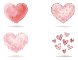 Charming set of four watercolor hearts with various romantic designs including polka dots, fluffy textures, and floral patterns, hand-painted in soft pink and red hues