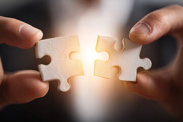 clean hands (focused detail) connecting two interlocking puzzle pieces (focused on the join/fit) with a subtle glowing aura, solution, teamwork, high contrast, hyperreali