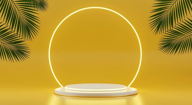 Yellow neon ring light illuminates a white podium with palm leaves on a yellow background display stand - Powered by Adobe