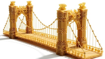 Fototapeta premium Miniature Suspension Bridge Built Entirely from Various Dry Pasta Types, Creative Italian Culinary Architecture Concept