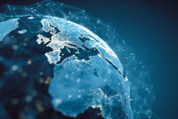 Abstract representation of a digital globe with connected dots and lines in a vibrant blue background showcasing global connectivity and technology